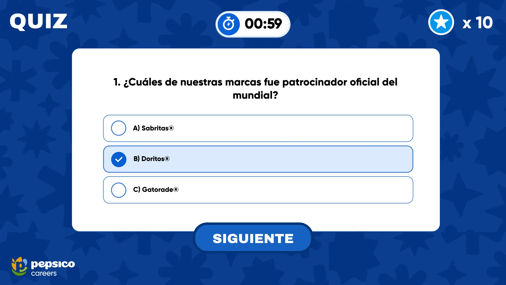 Tela real do quiz PEPGAME desenvolvido para PepsiCo